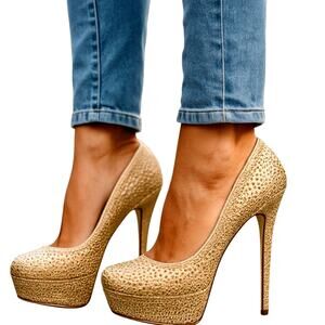 Pazzle 8.5 Gold Platform Jewels Sparkle Bling Women's Pump Shoe 5 Inch High Heel